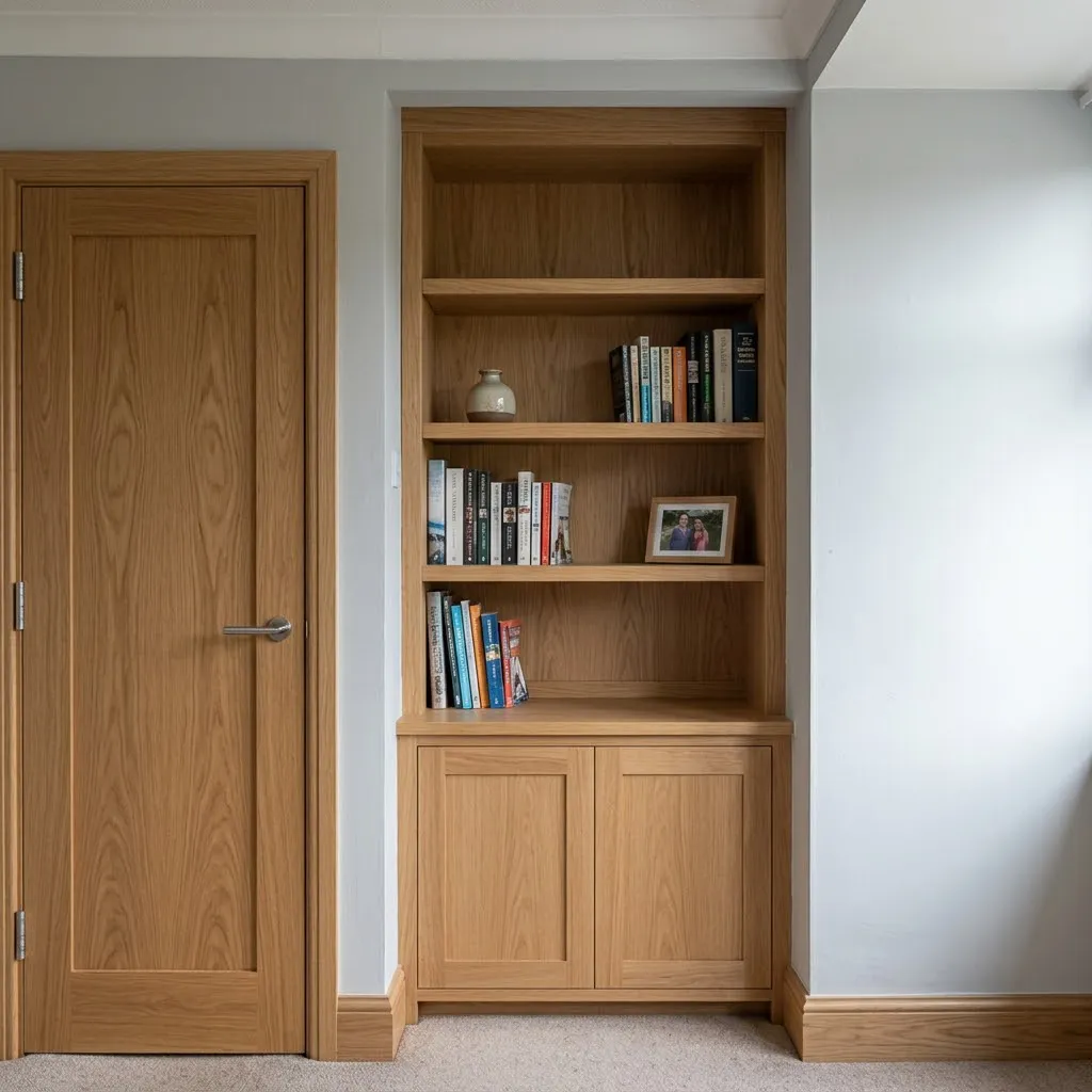 Bespoke fitted alcove shelving and oak door after installation