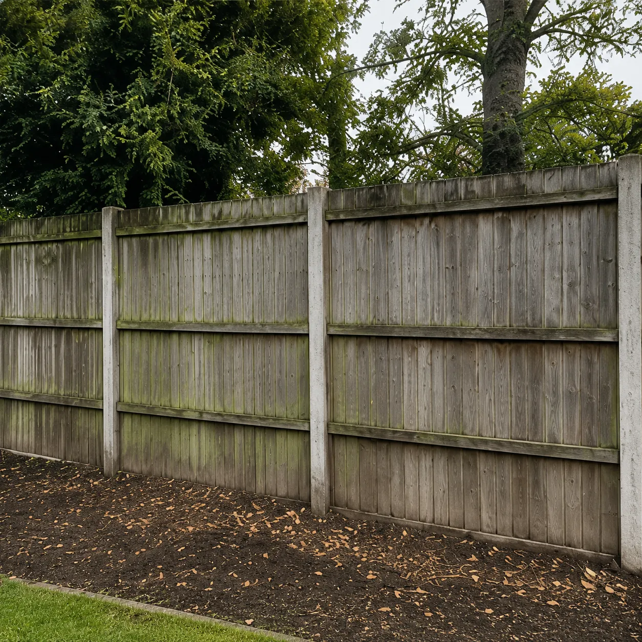 Old, weathered garden fence before replacement