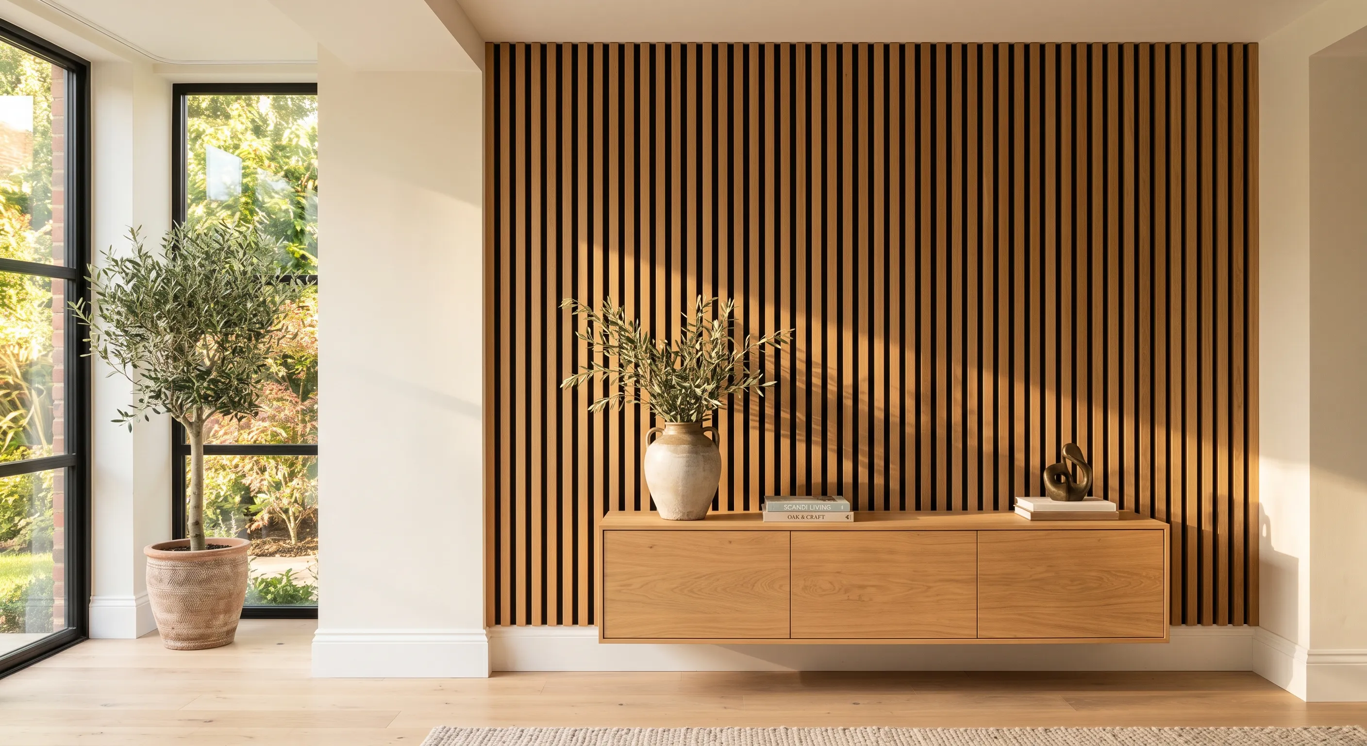 Bespoke oak slat feature wall with a fitted floating oak sideboard in a bright West Sussex home